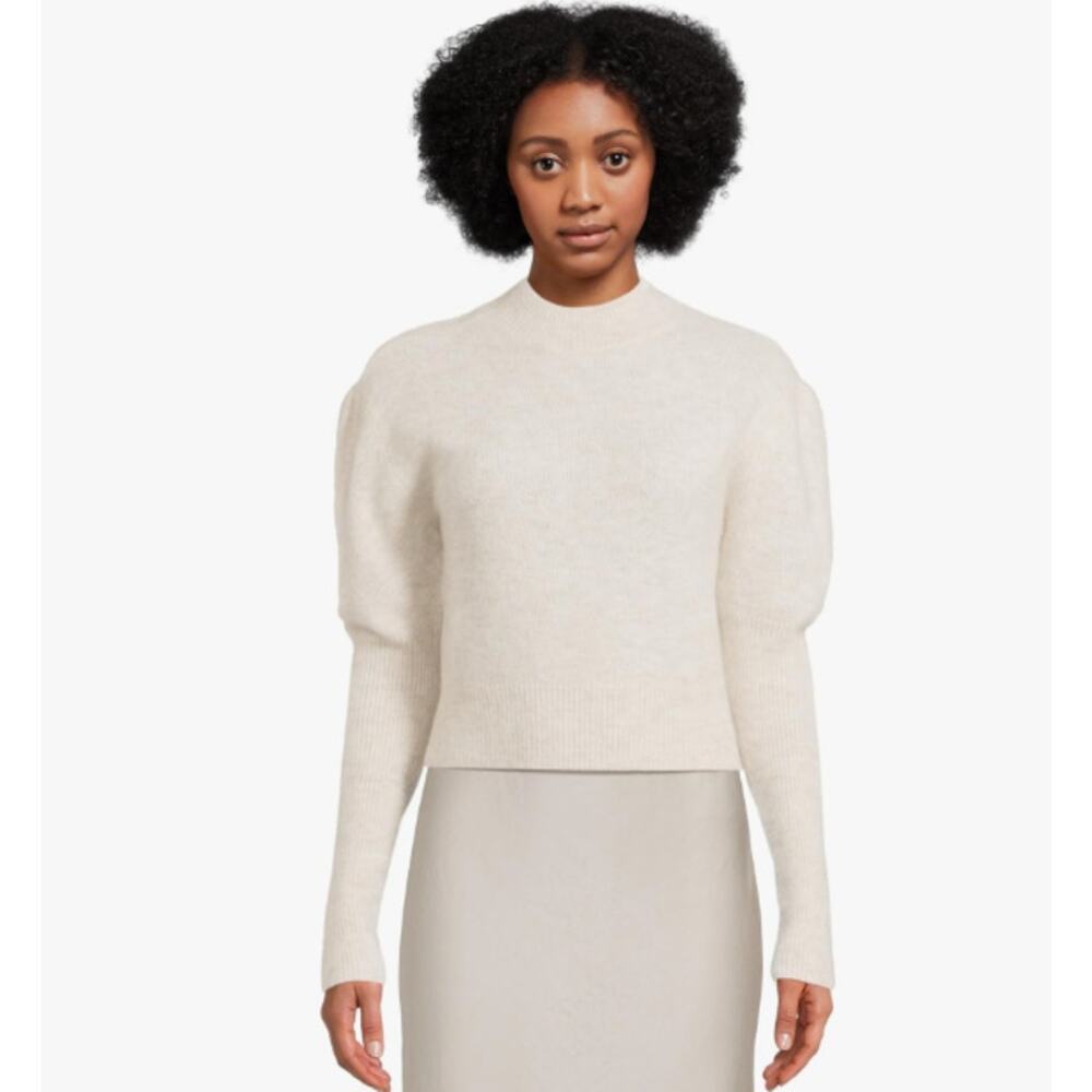 Madewell Alpaca-Blend Mockneck Puff Sleeve Sweater SZ XS Heather Alabaster Crop